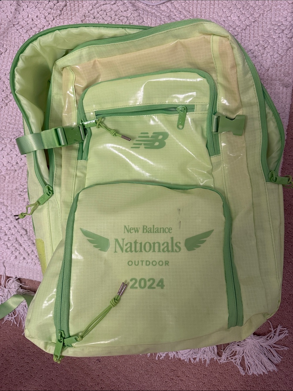 New Balance Lime Green Nationals 2024 Backpack floor pictured: small black stain